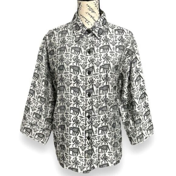 Chico’s Design 2 (L) Gray Silk Blend Button Front Jacket Tribal Vintage Artsy - Picture 1 of 9